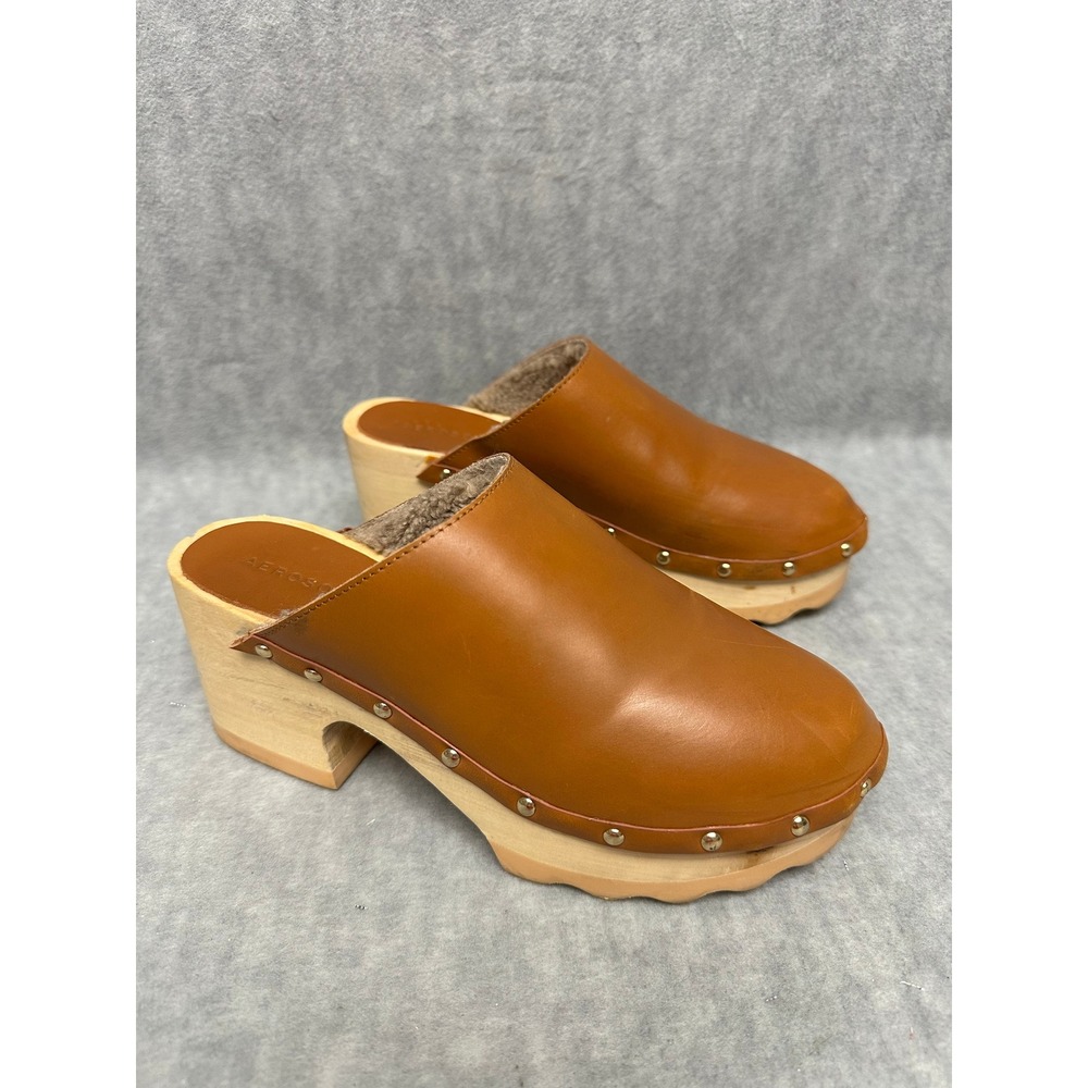 Aerosoles Wooden Clogs Womens 5.5M Tan Leather Shearling‎ Lined Studded Mules